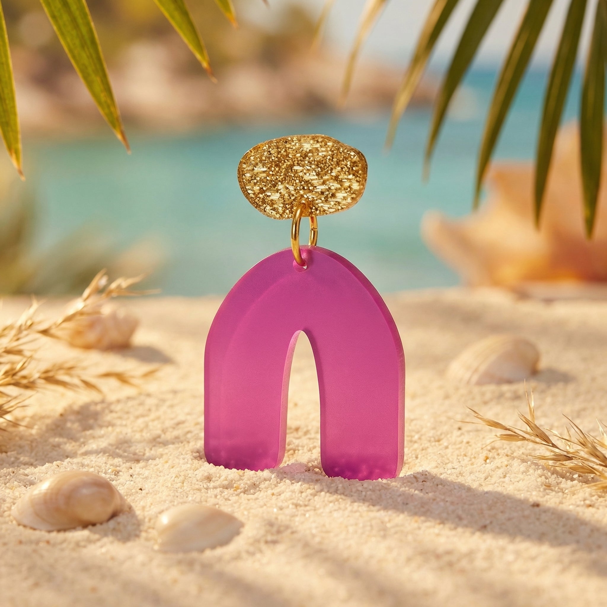 Rosabogen – Pink Bogen-Ohrringe mit Goldglitter-Stecker | Handgemachte Statement Ohrringe | ZIMI Jewelry