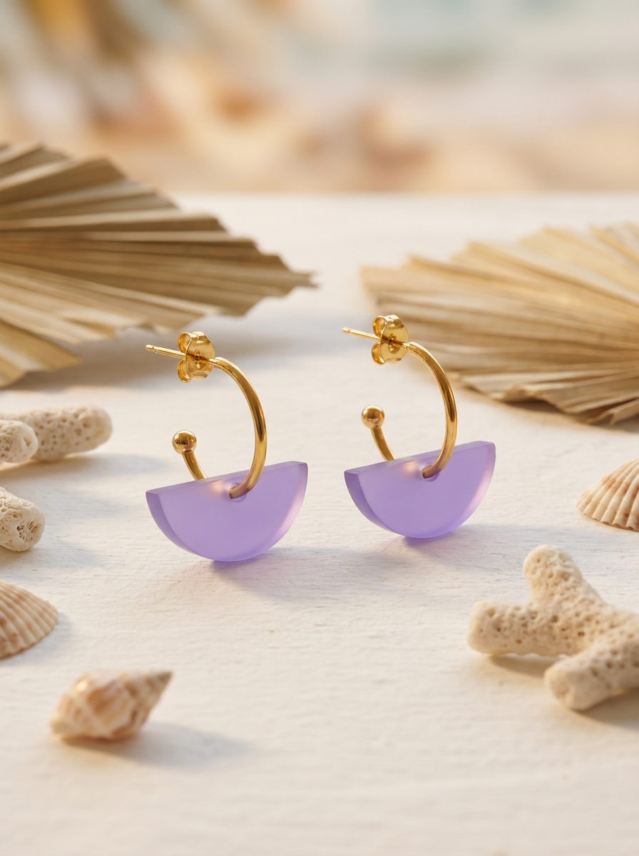 Wechselcreole Halbmond Lila | Mix & Match Ohrringe Edelstahl 18K vergoldet | Greencast Acryl handmade